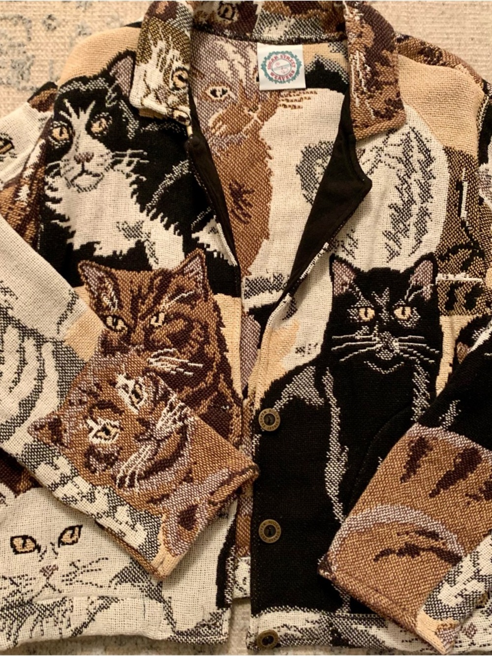 SUGAR STREET WEAVERS Cat Tapestry Knit Cardigan Sweater Jacket  L - Picture 3 of 14